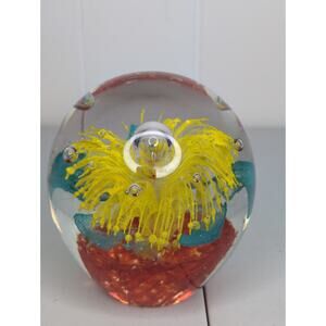 Large Intreget Hand blown Yellow and Blue Flower Paperweight With Red Base.